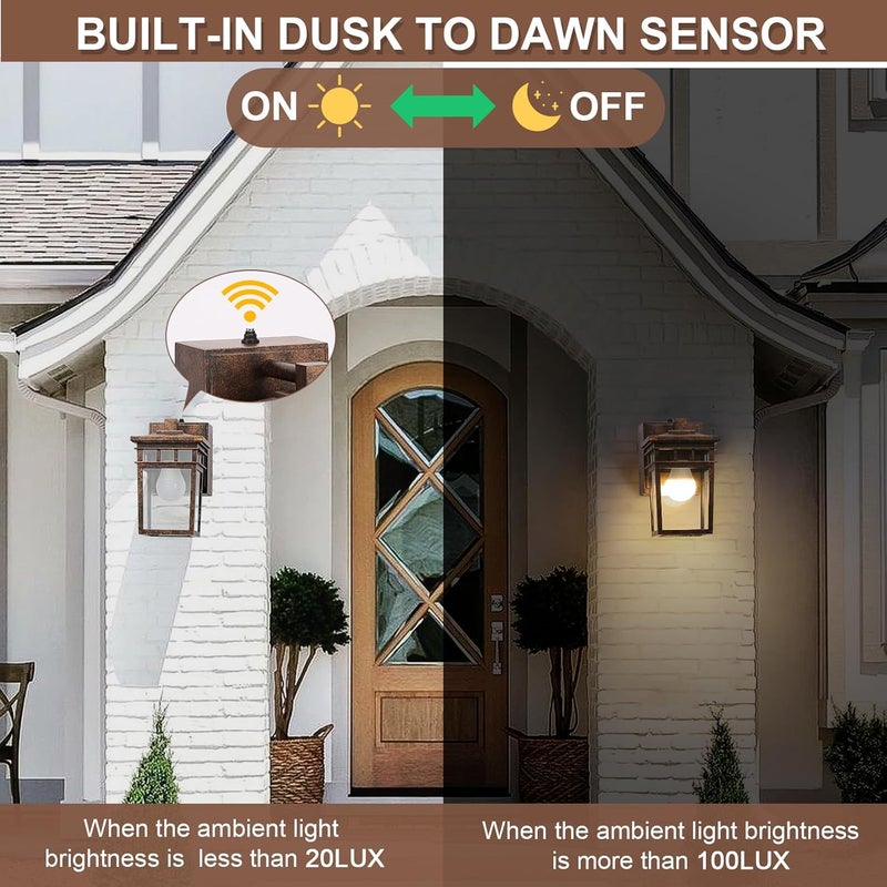 FANDBO Porch Light with GFCI Outlet, Dusk to Dawn Outdoor Lighting with Aluminum Frame and Clear Glass Shade, Waterproof Wall Sconce Outside Lights for House Garage Front Door, Bulb Included(Antique Bronze) - Image 4